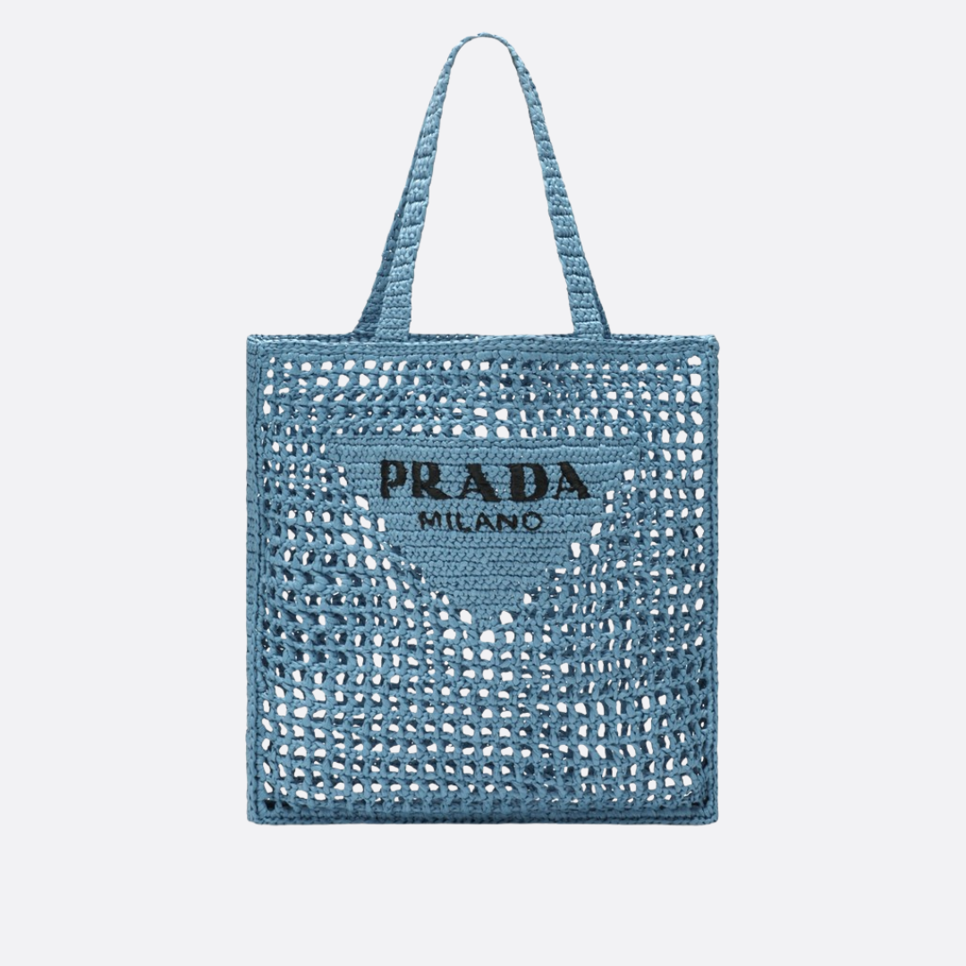 Prada Raffia Bag With Woven Logo In Blue