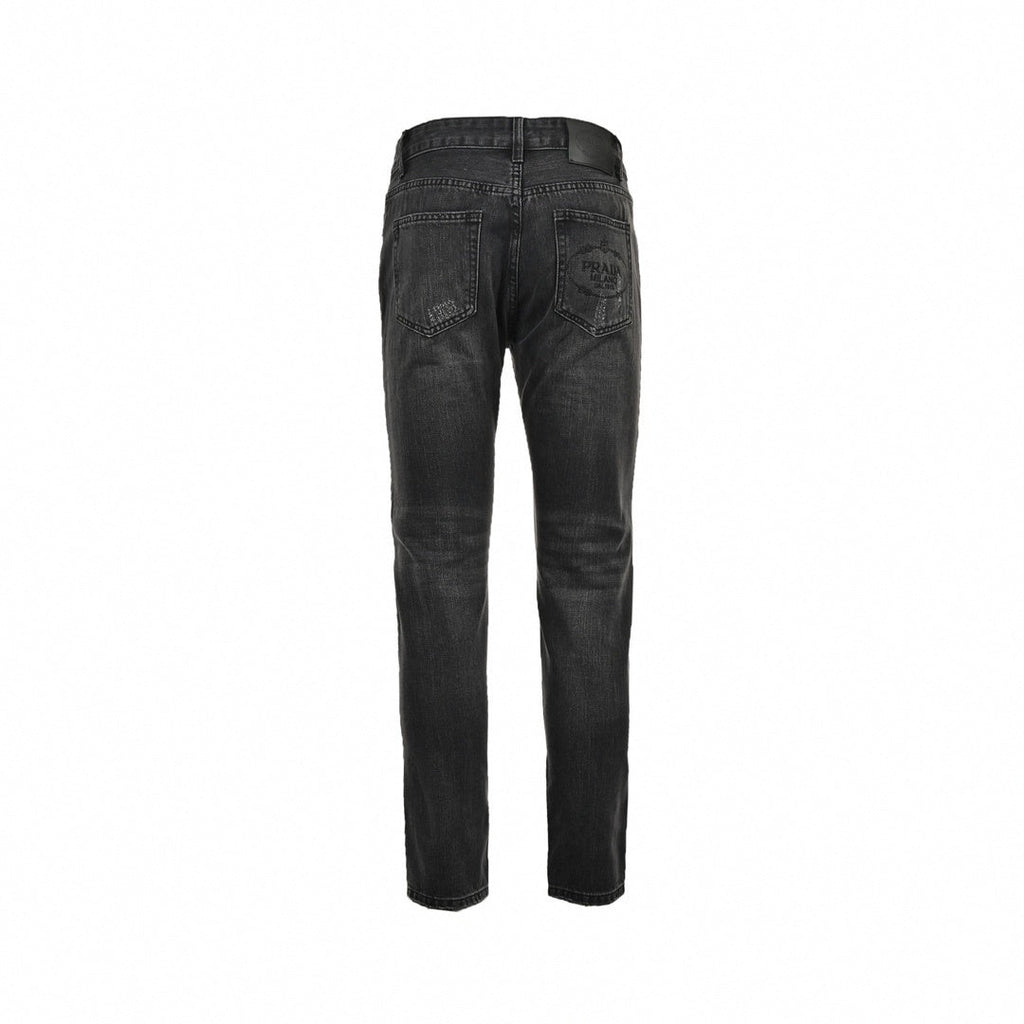 Distressed Black Denim Jeans with Embroidered Back Logo