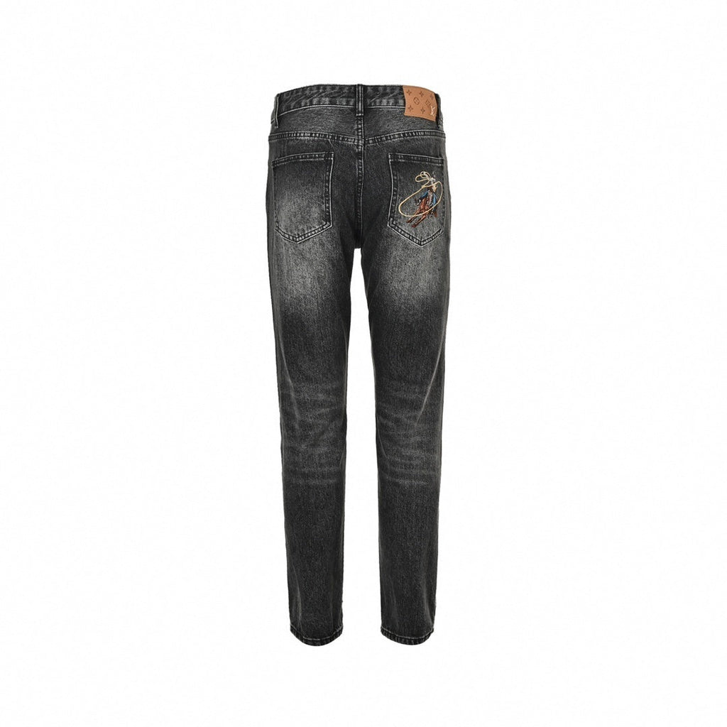 Black Washed Denim Jeans with Monogram & Cowboy Embroidery