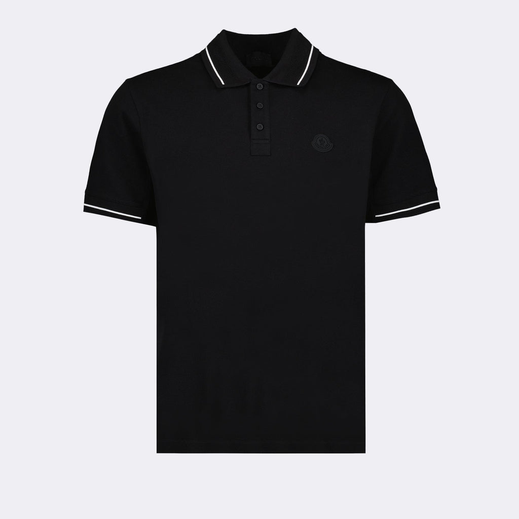 Moncler Black Polo Shirt with Tonal Logo and Contrast Trim