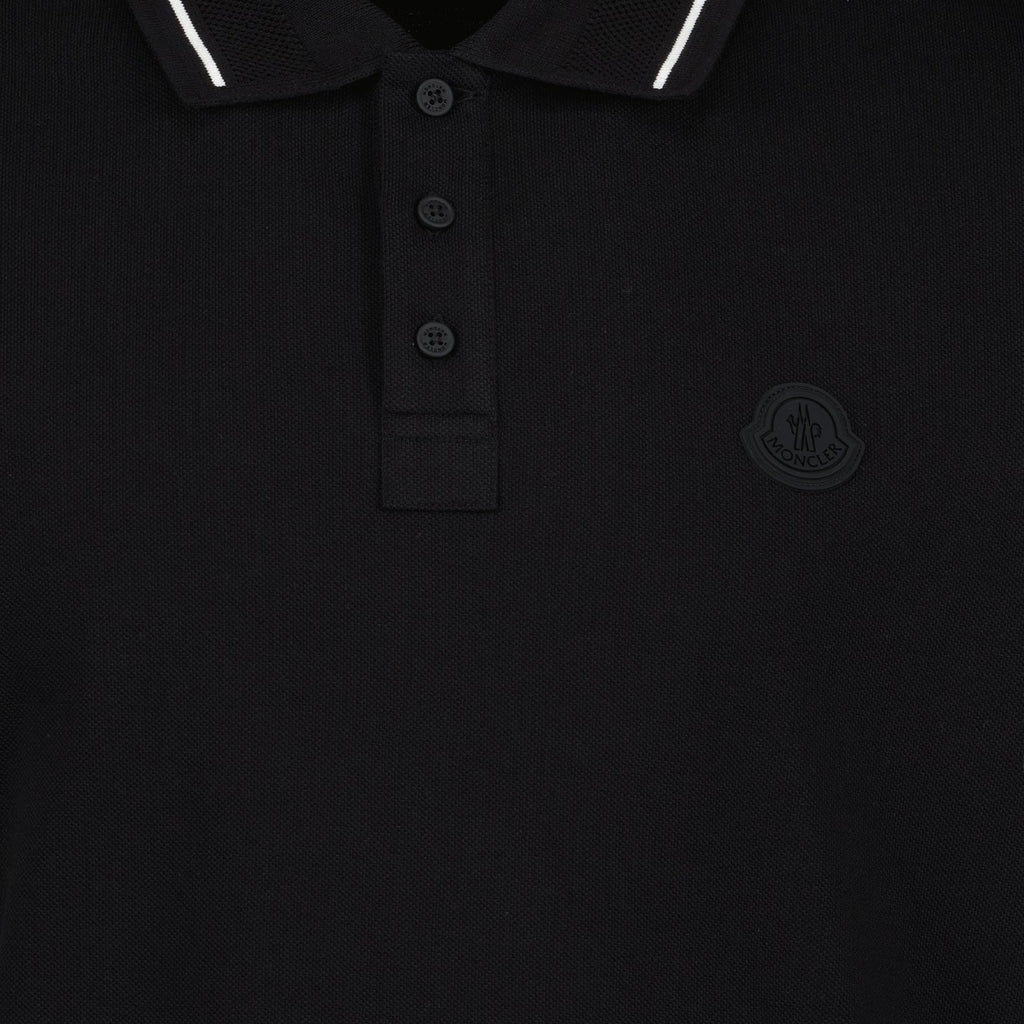 Moncler Black Polo Shirt with Tonal Logo and Contrast Trim