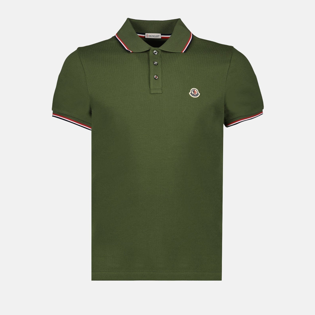Moncler Olive Green Polo Shirt with Signature Tricolor Trim