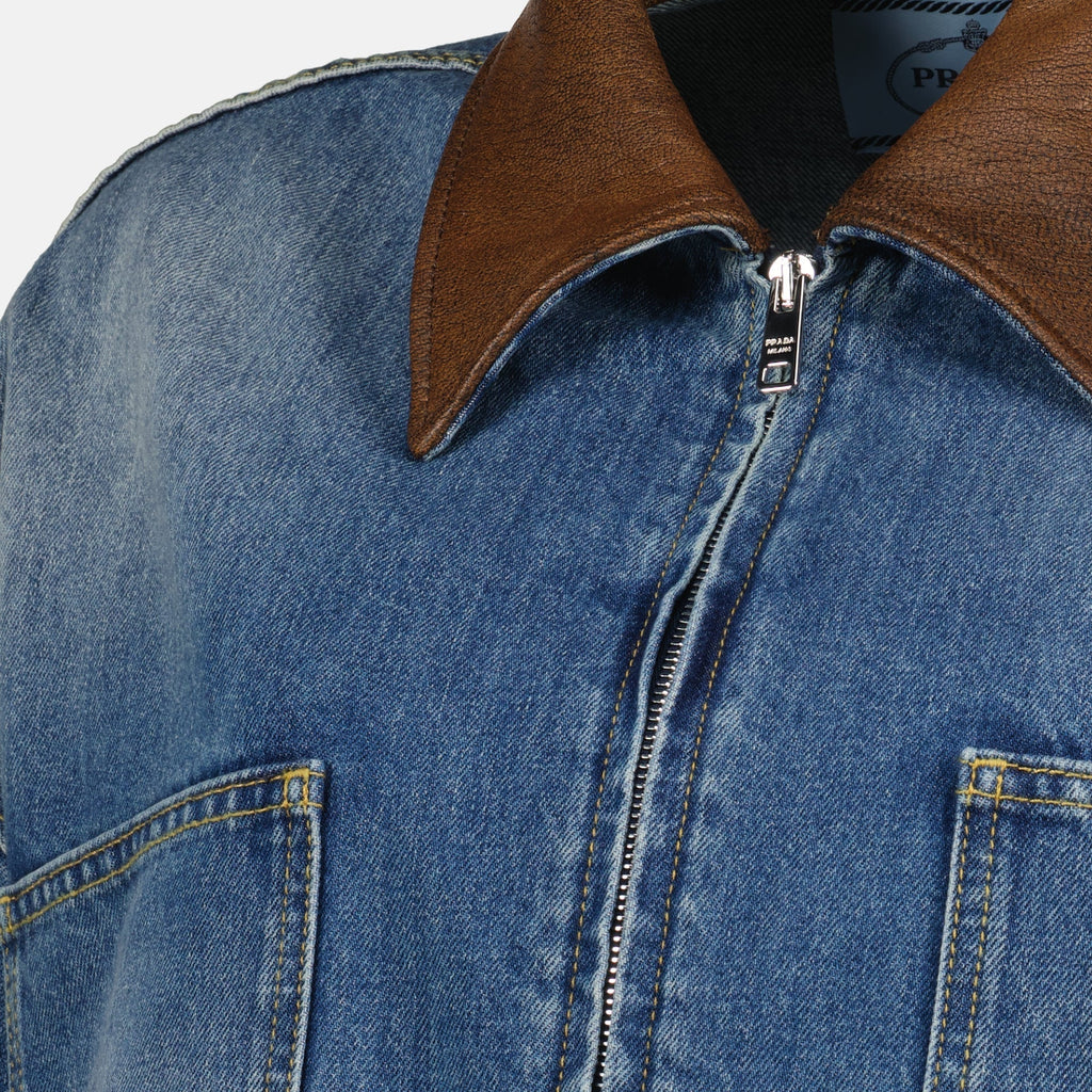 Cropped Denim Jacket with Leather Collar