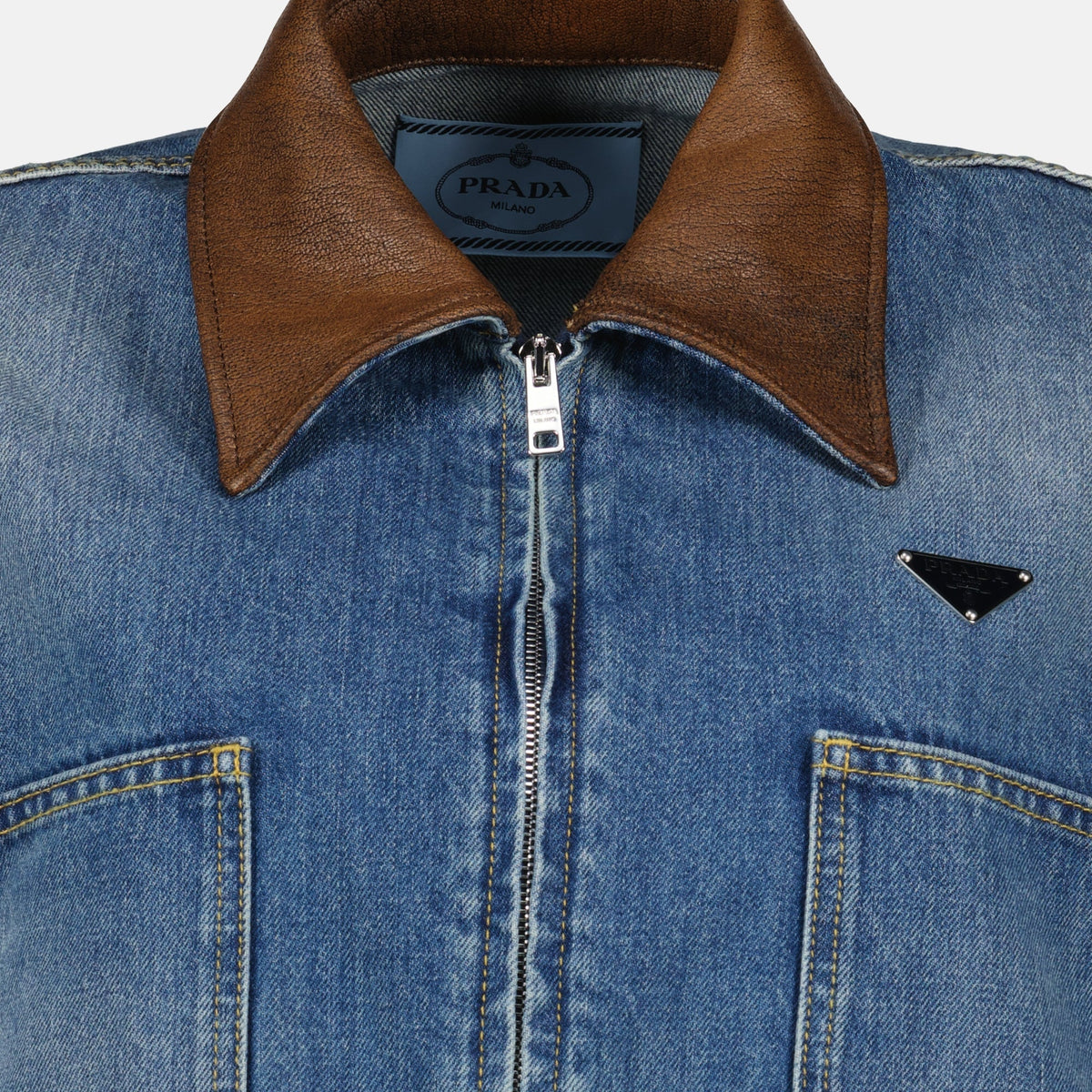 Cropped Denim Jacket with Leather Collar