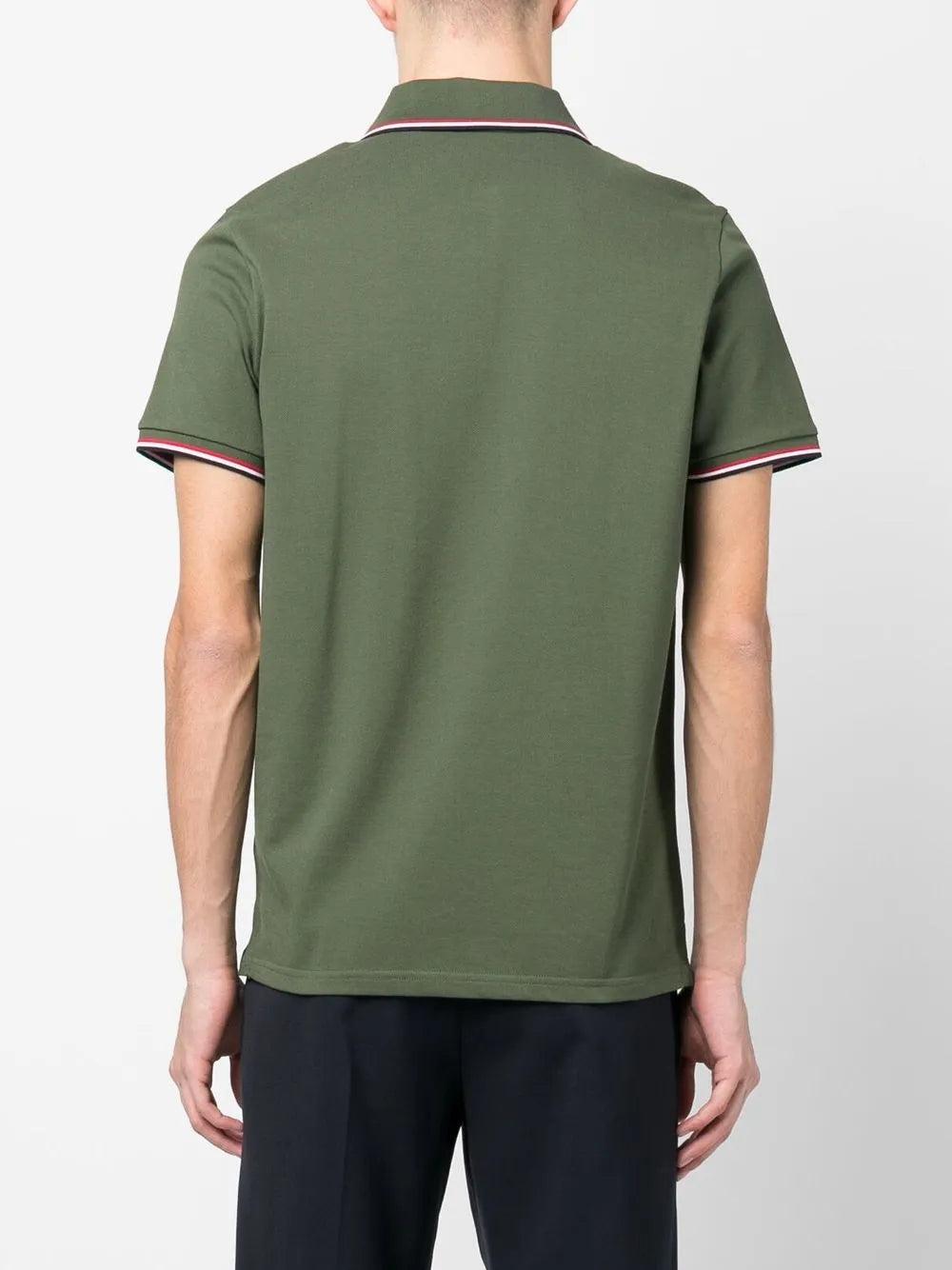 Moncler Olive Green Polo Shirt with Signature Tricolor Trim