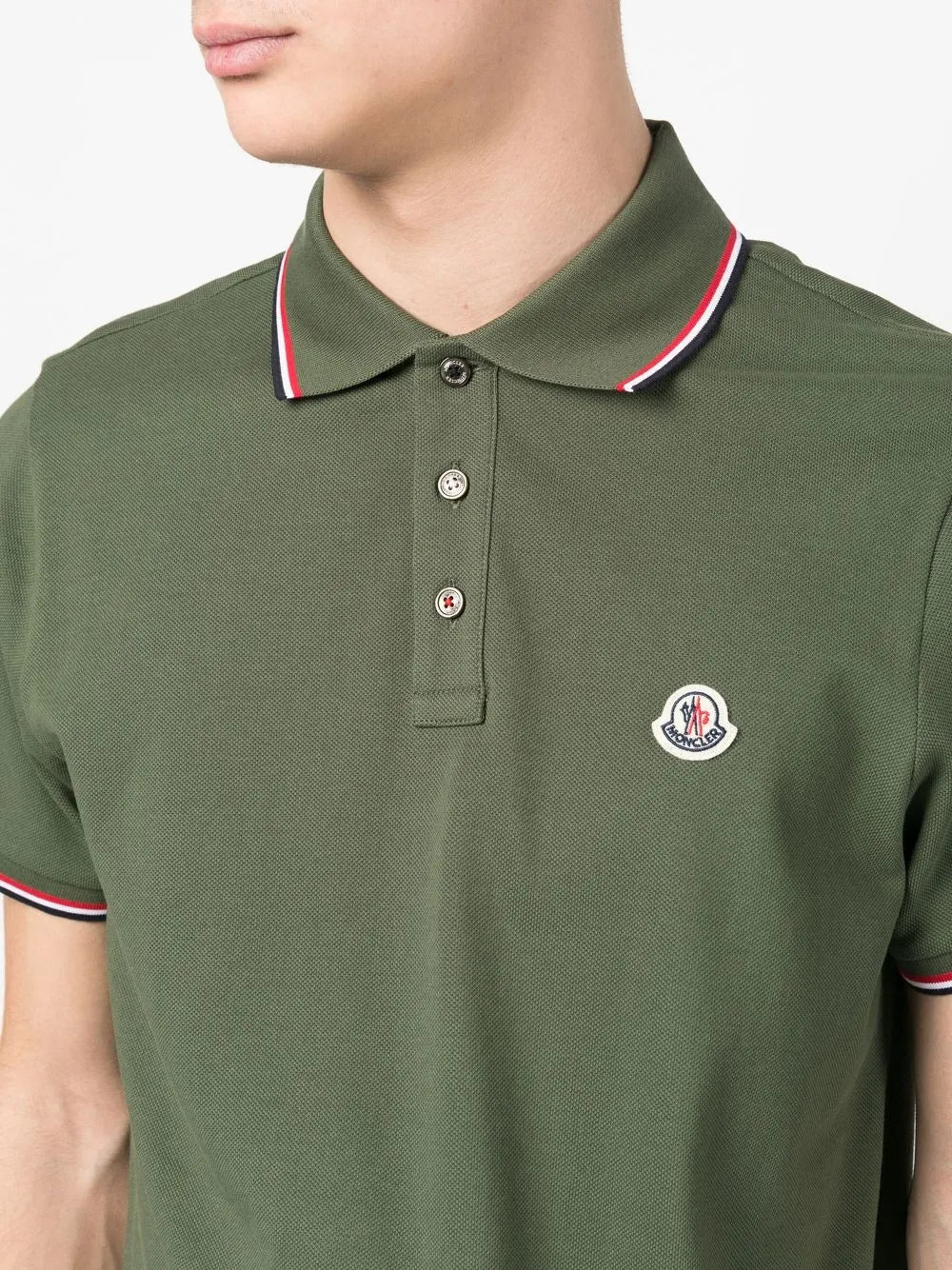 Moncler Olive Green Polo Shirt with Signature Tricolor Trim