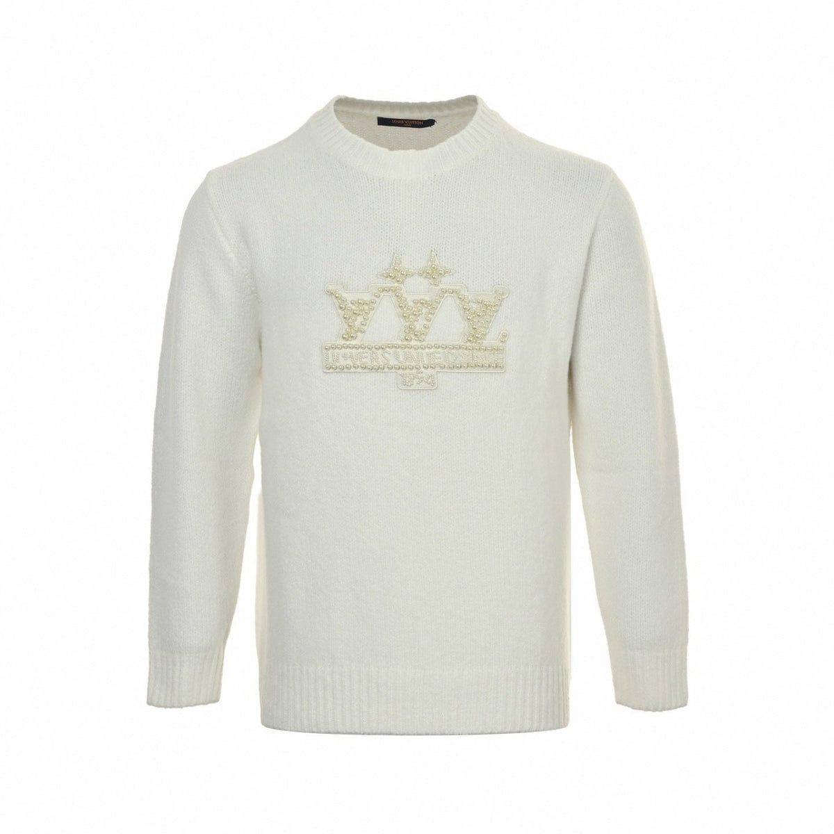 Pearl-Embellished Crown Motif Wool Knit Sweater – Ivory White