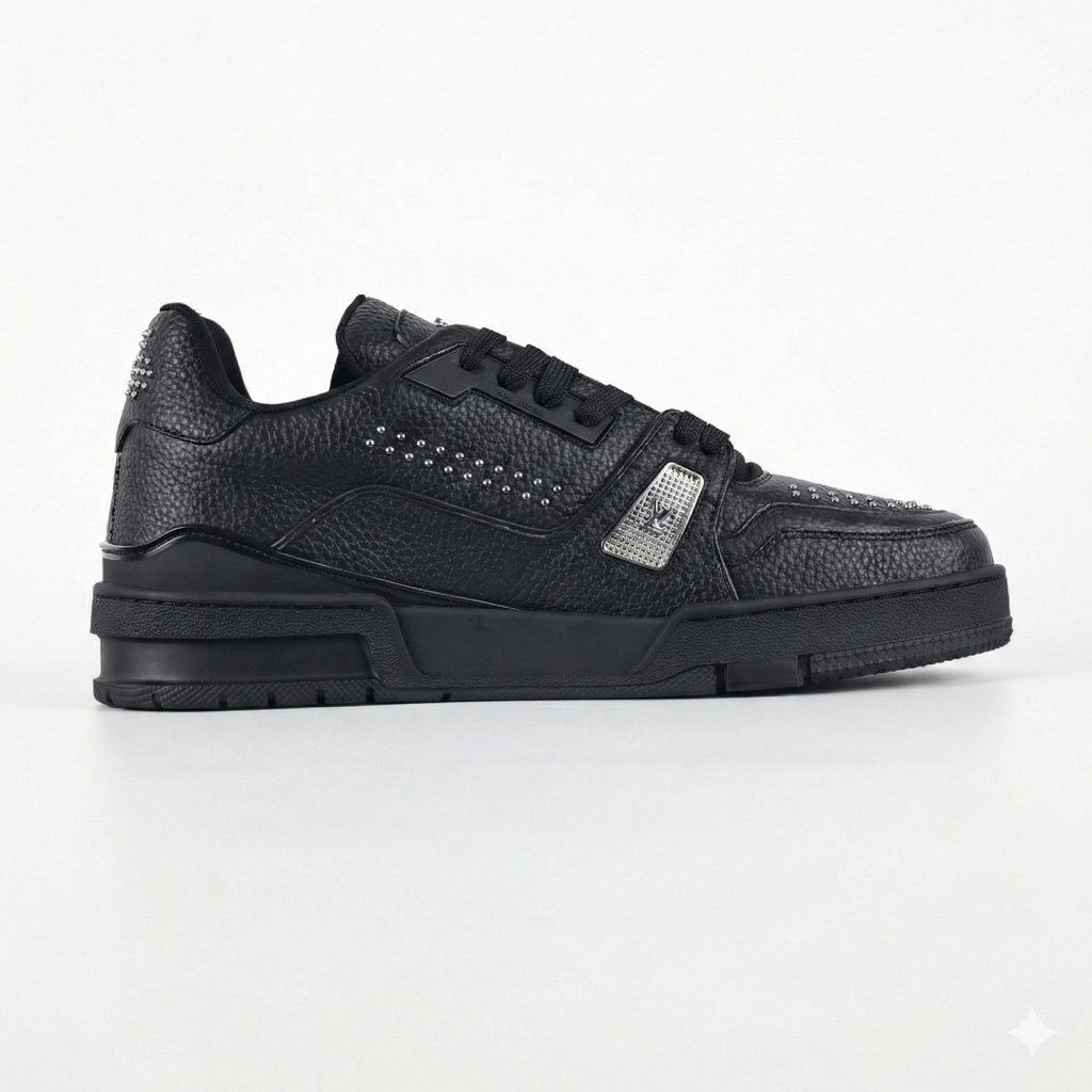 LV Black Leather Studded Low-Top Sneakers