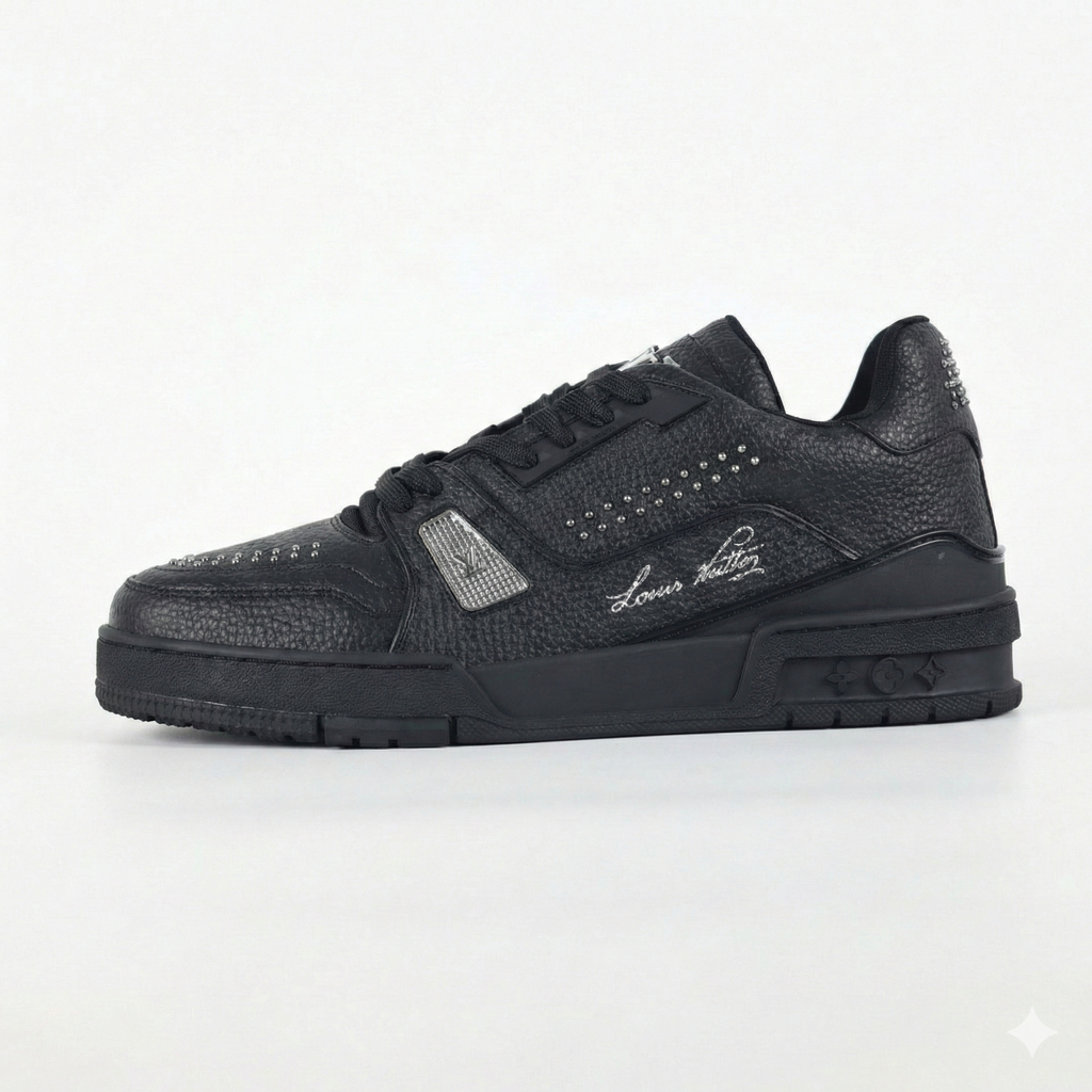 LV Black Leather Studded Low-Top Sneakers