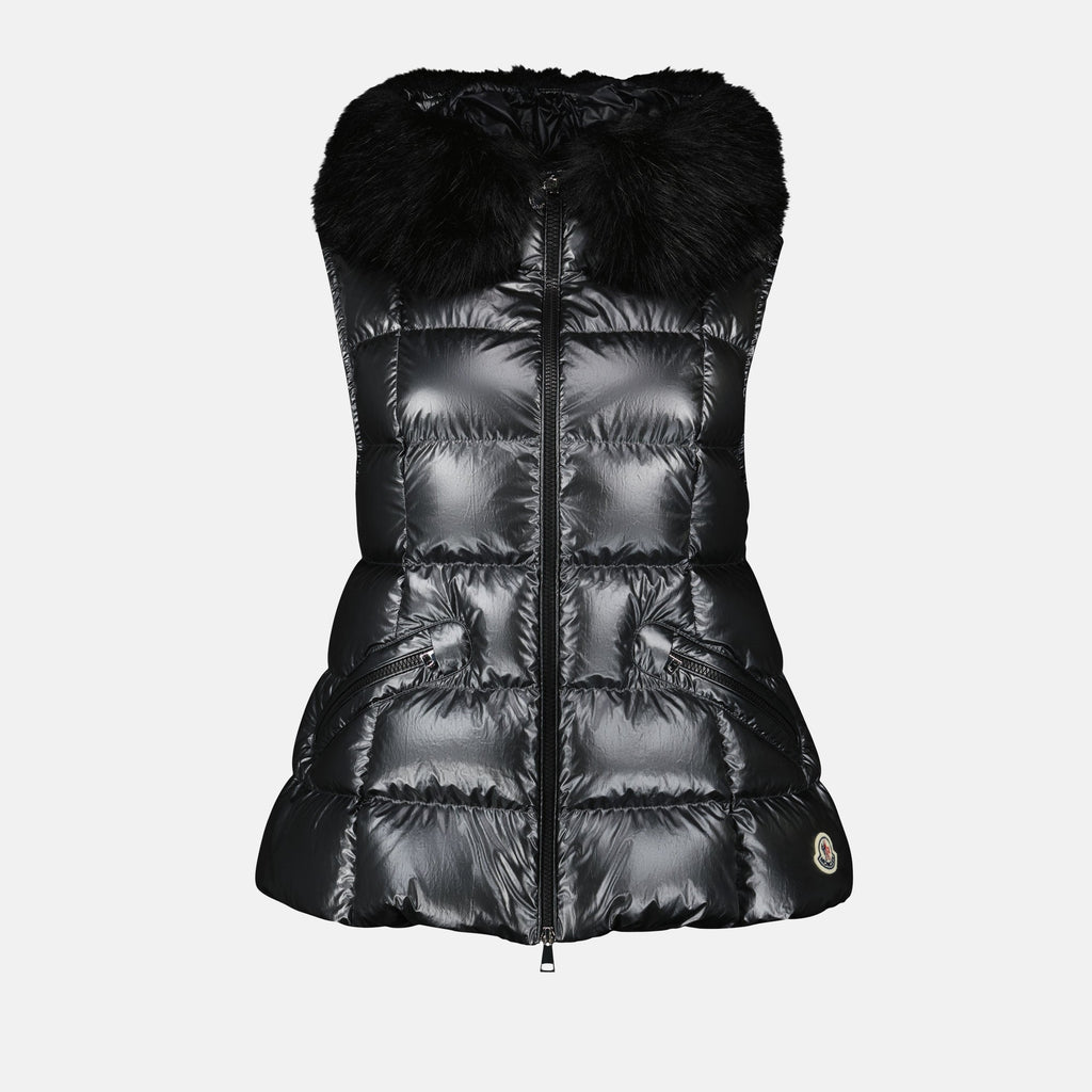 Glossy Fur-Trim Quilted Puffer Vest