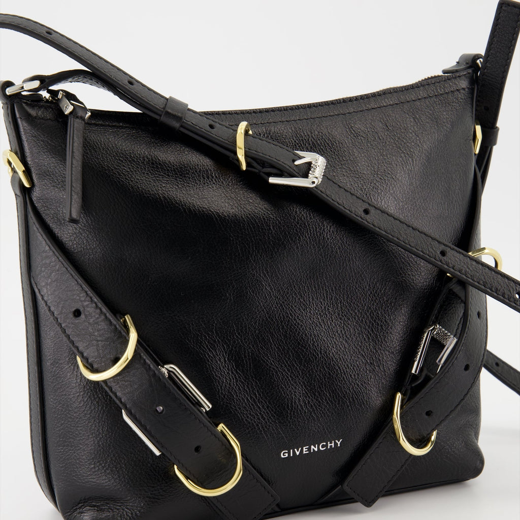 Black Leather Shoulder Bag with Strap Detail