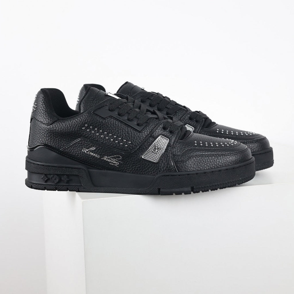 LV Black Leather Studded Low-Top Sneakers