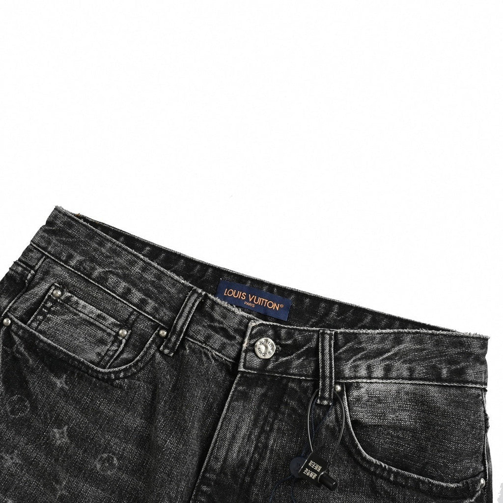 Black Washed Denim Jeans with Monogram & Cowboy Embroidery