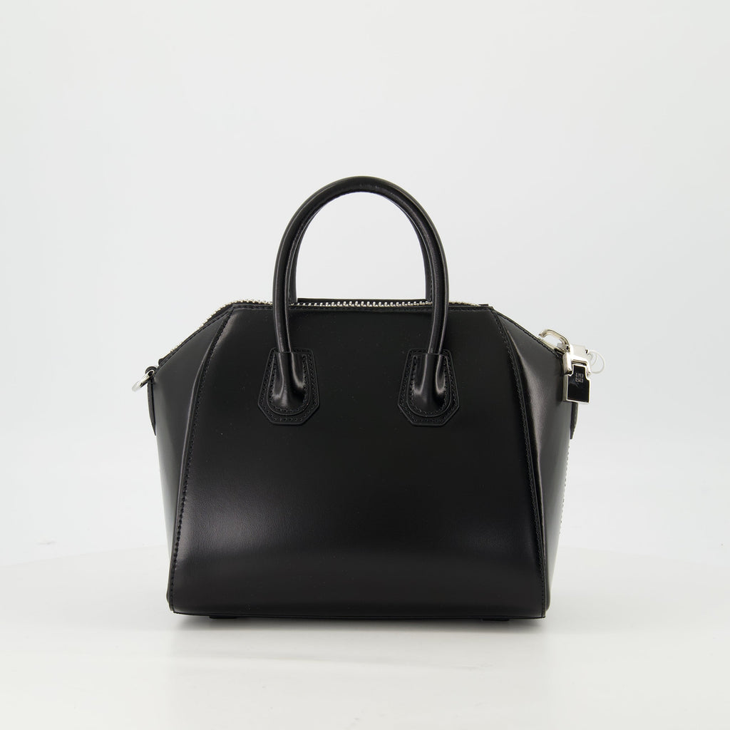 Black Grained Leather Mini Antigona Top Handle Bag