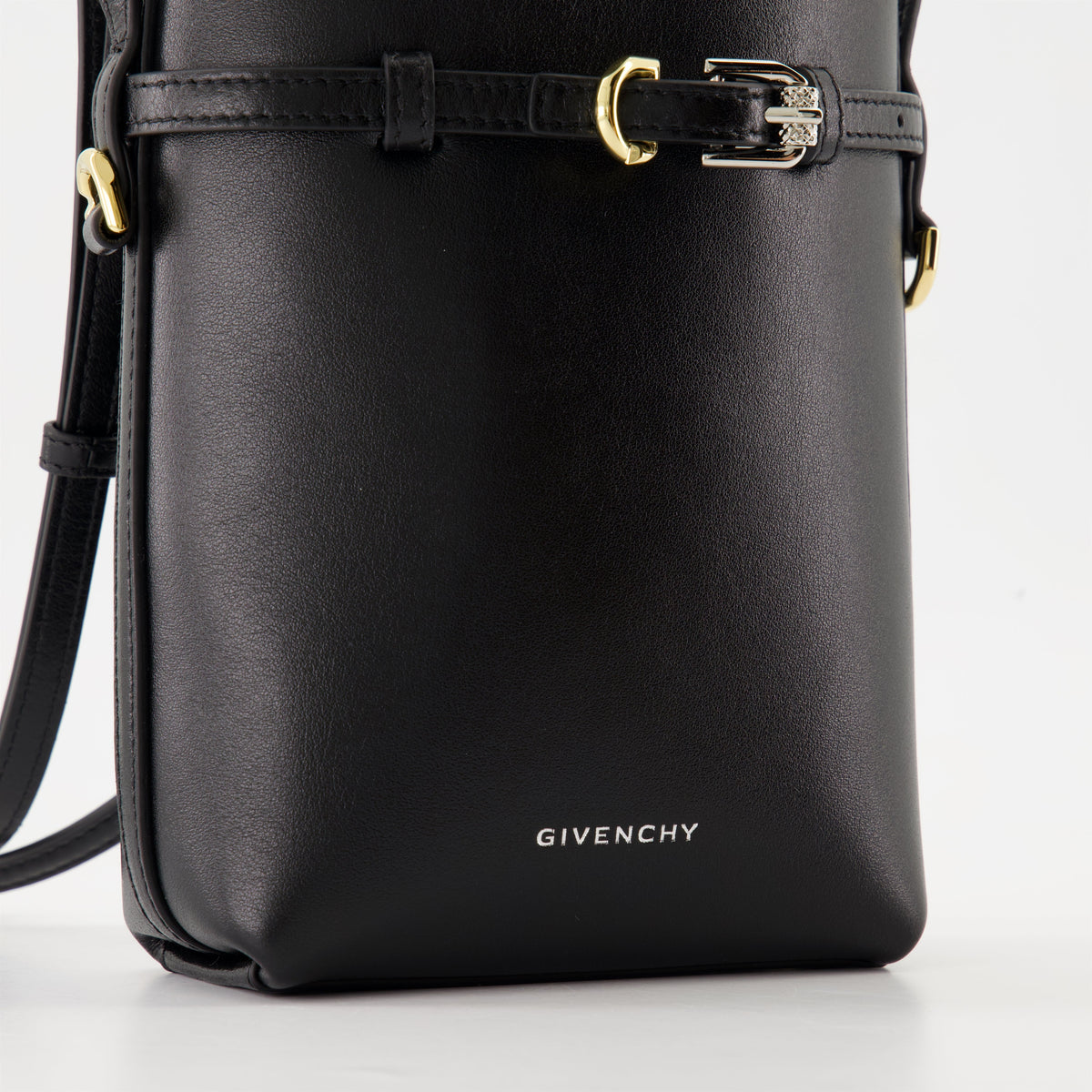 Black Leather Mini Bucket Bag with Belt Detail