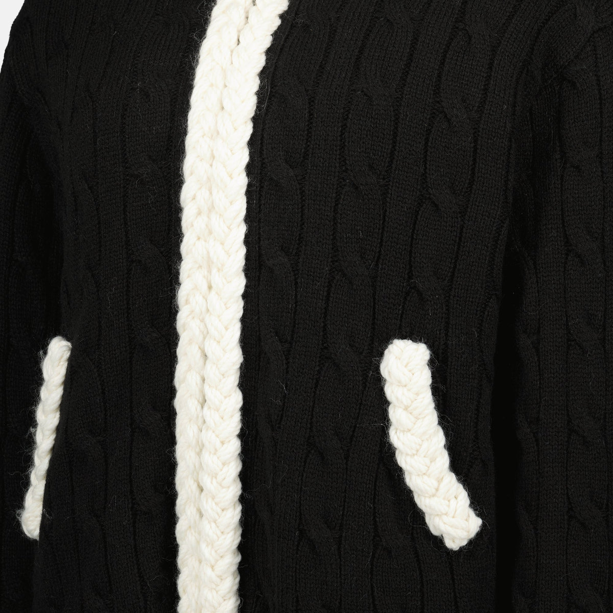 Black Cable-Knit Cardigan with Contrast Trim
