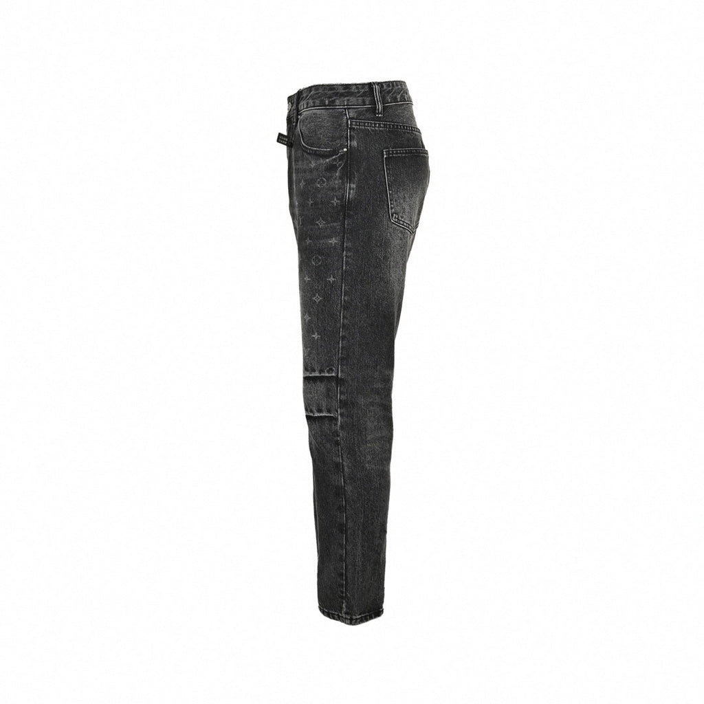 Black Washed Denim Jeans with Monogram & Cowboy Embroidery