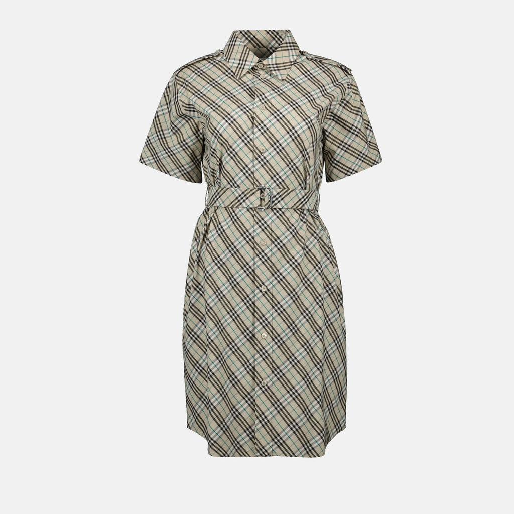 Short Sleeve Check Belted Shirt Dress – Light Beige