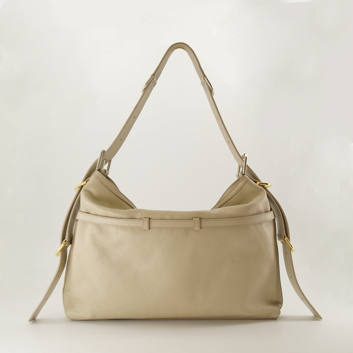 Beige Leather Slouchy Shoulder Bag with Harness Detail