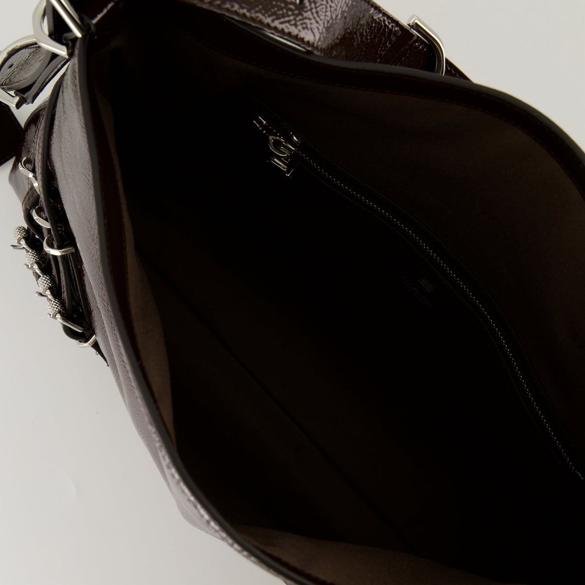 Brown Patent Leather Slouchy Shoulder Bag with Harness Detail