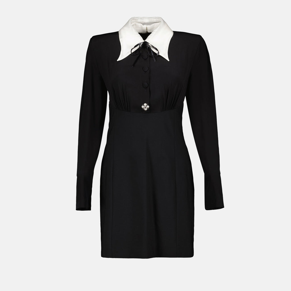 Contrast Collar Mini Dress with Ribbon Tie