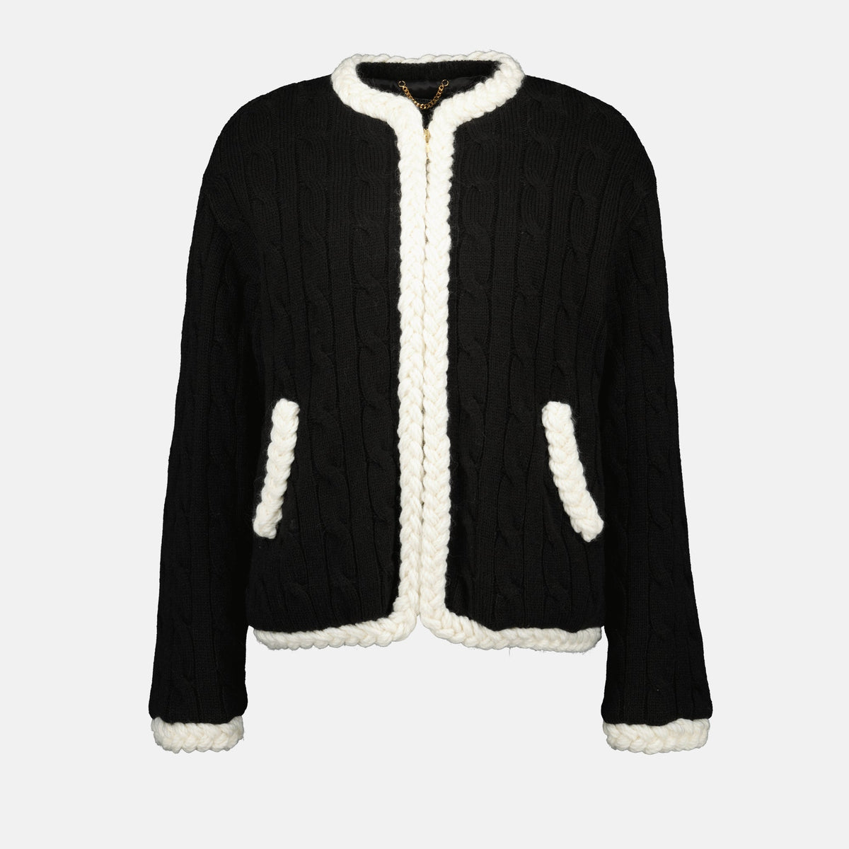 Black Cable-Knit Cardigan with Contrast Trim