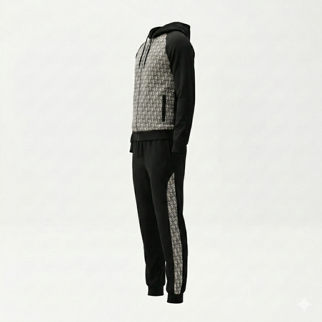 Oblique Hooded Zip-Up Tracksuit in Black