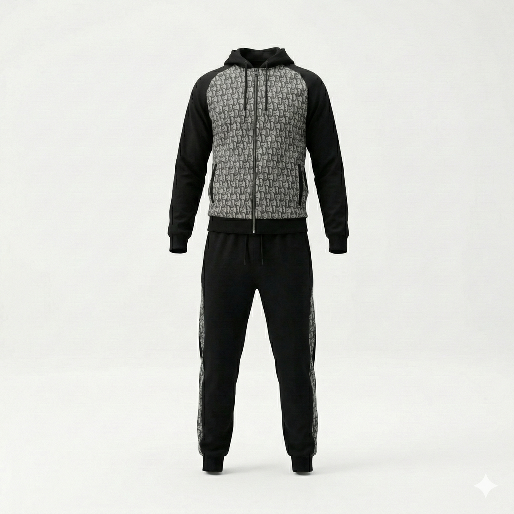 Oblique Hooded Tracksuit in Black with Grey Jacquard Panels