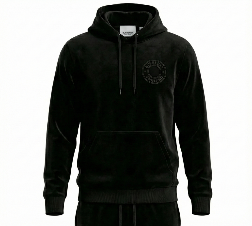 Velour Hooded Tracksuit in Black