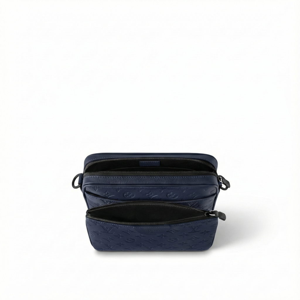 Monogram Embossed Leather Trio Messenger Bag (Navy Blue)