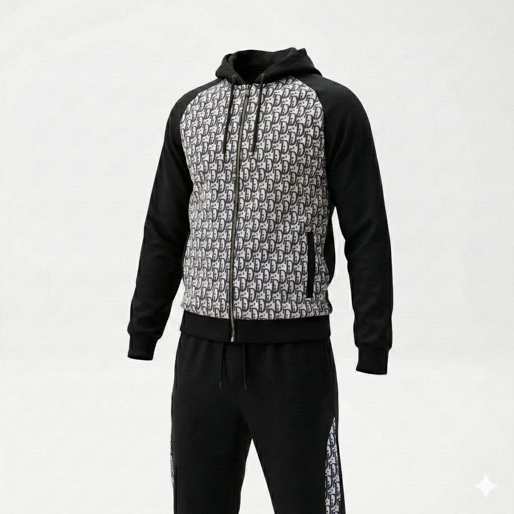 Oblique Hooded Tracksuit in Black with Grey Jacquard Panels