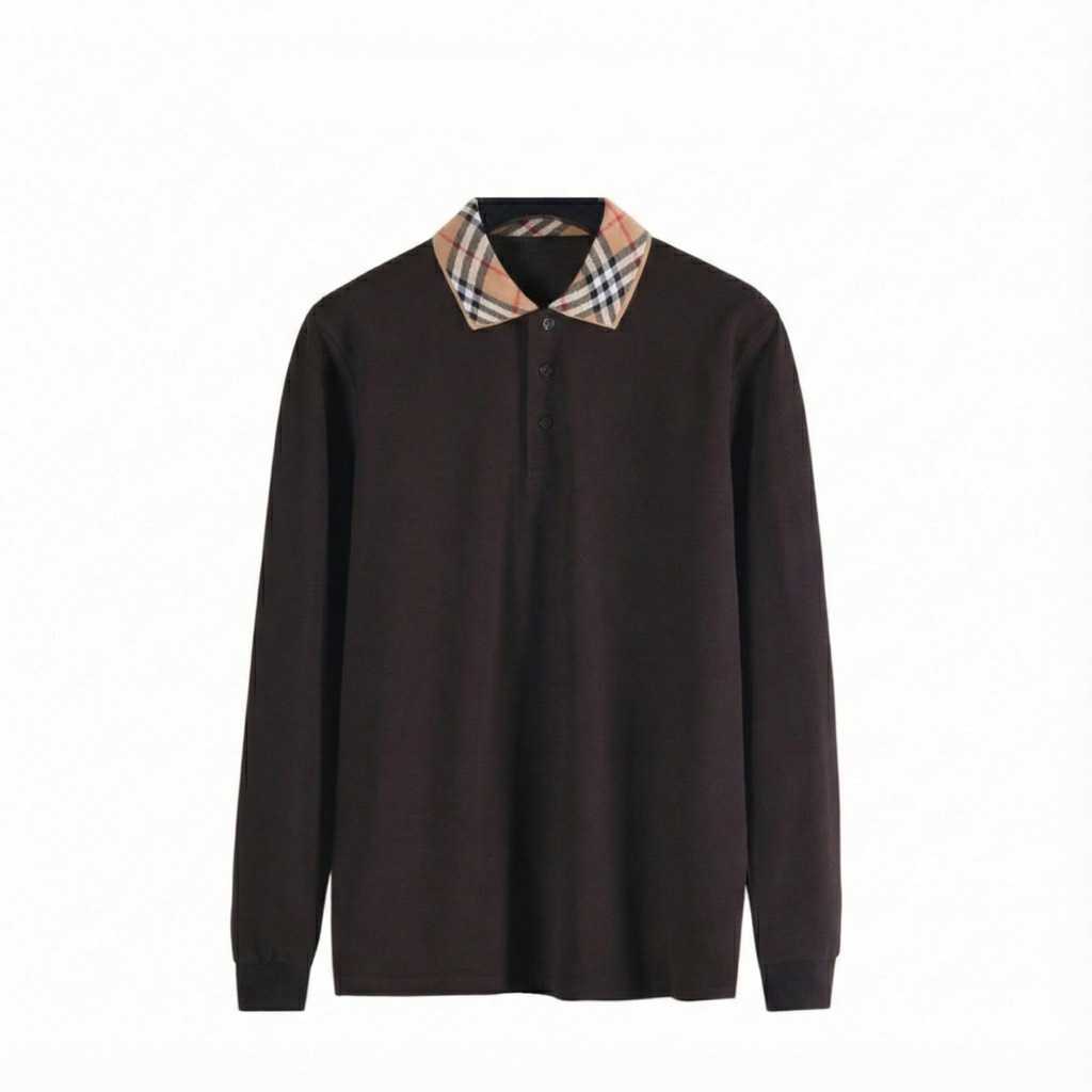 Long-Sleeve Polo Shirt with Vintage Check Collar