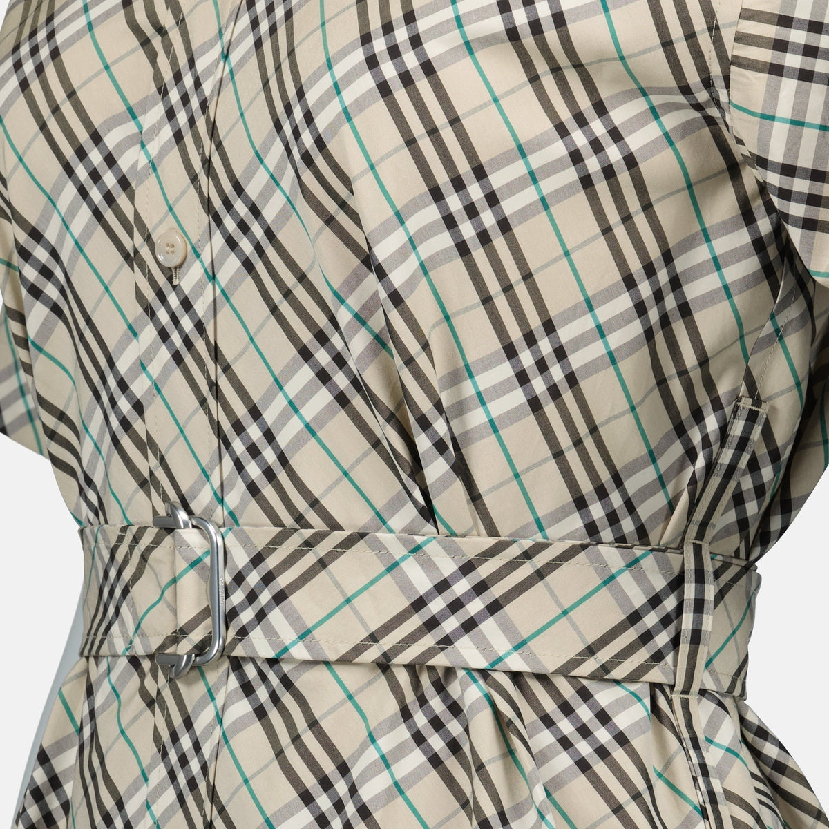 Short Sleeve Check Belted Shirt Dress – Light Beige