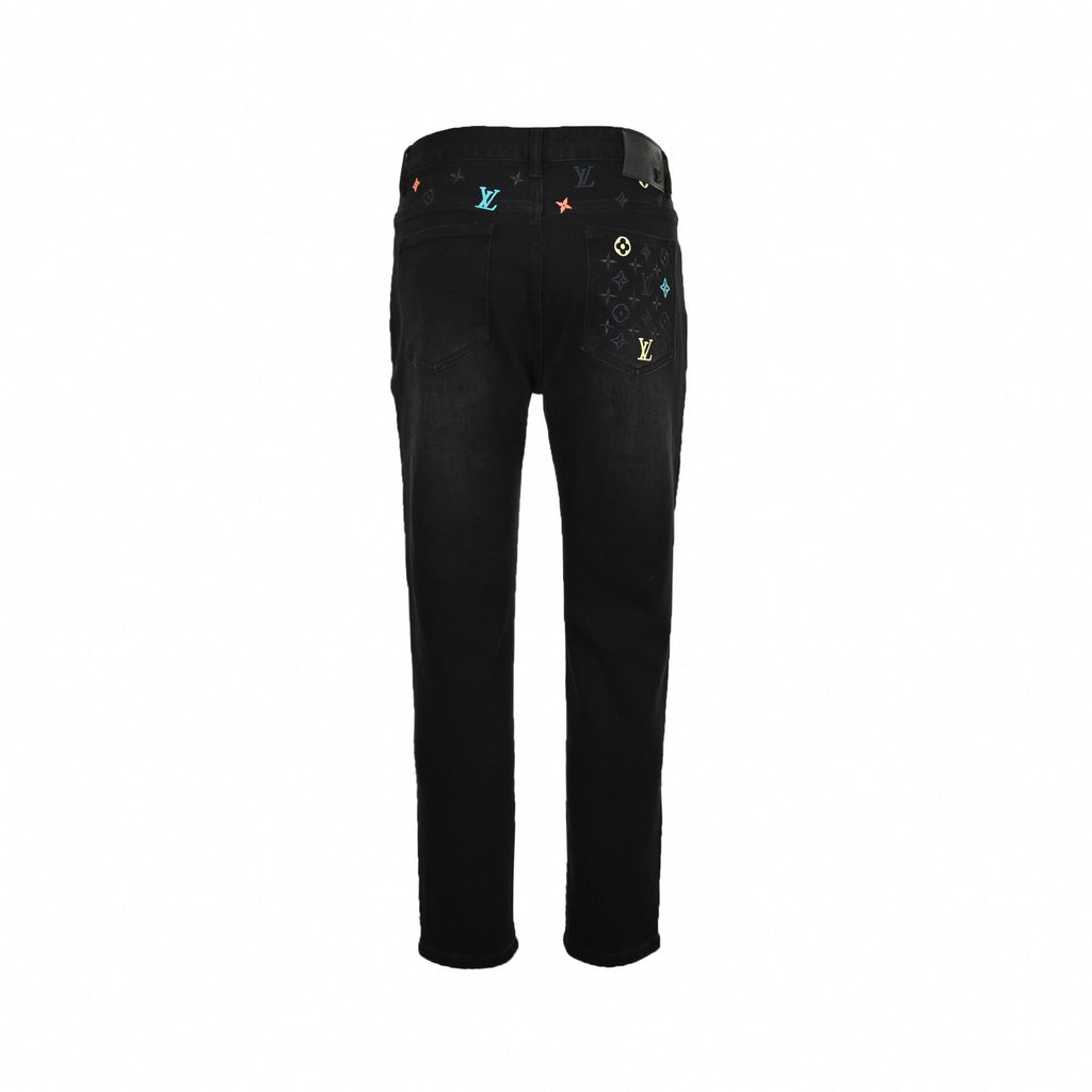 Black Slim-Fit Denim Jeans with Monogram Details