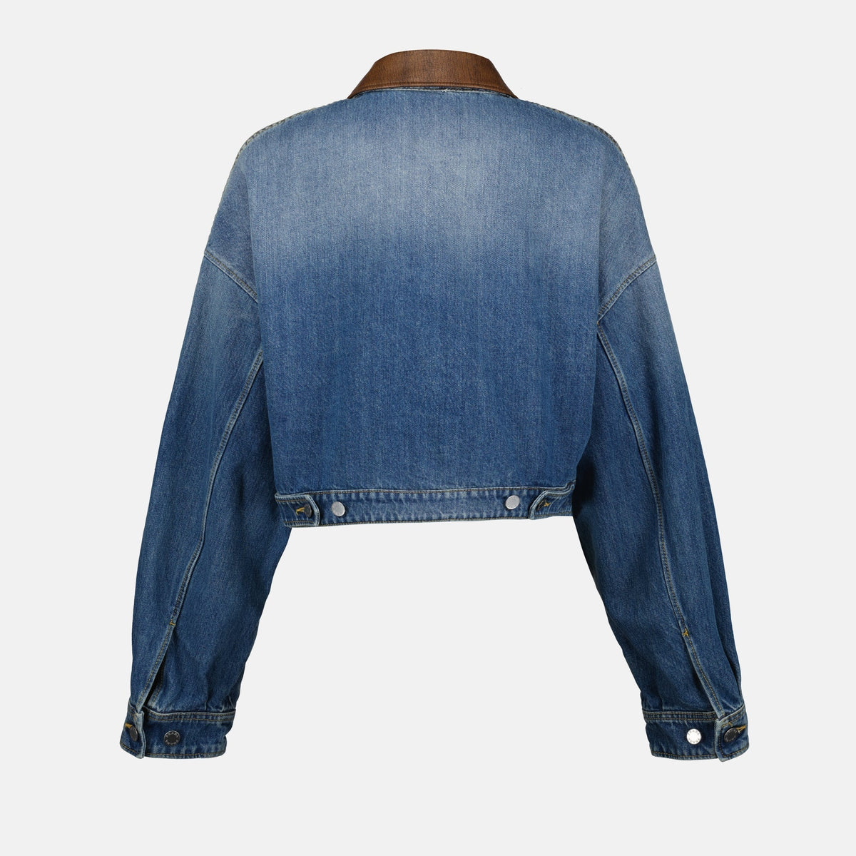 Cropped Denim Jacket with Leather Collar