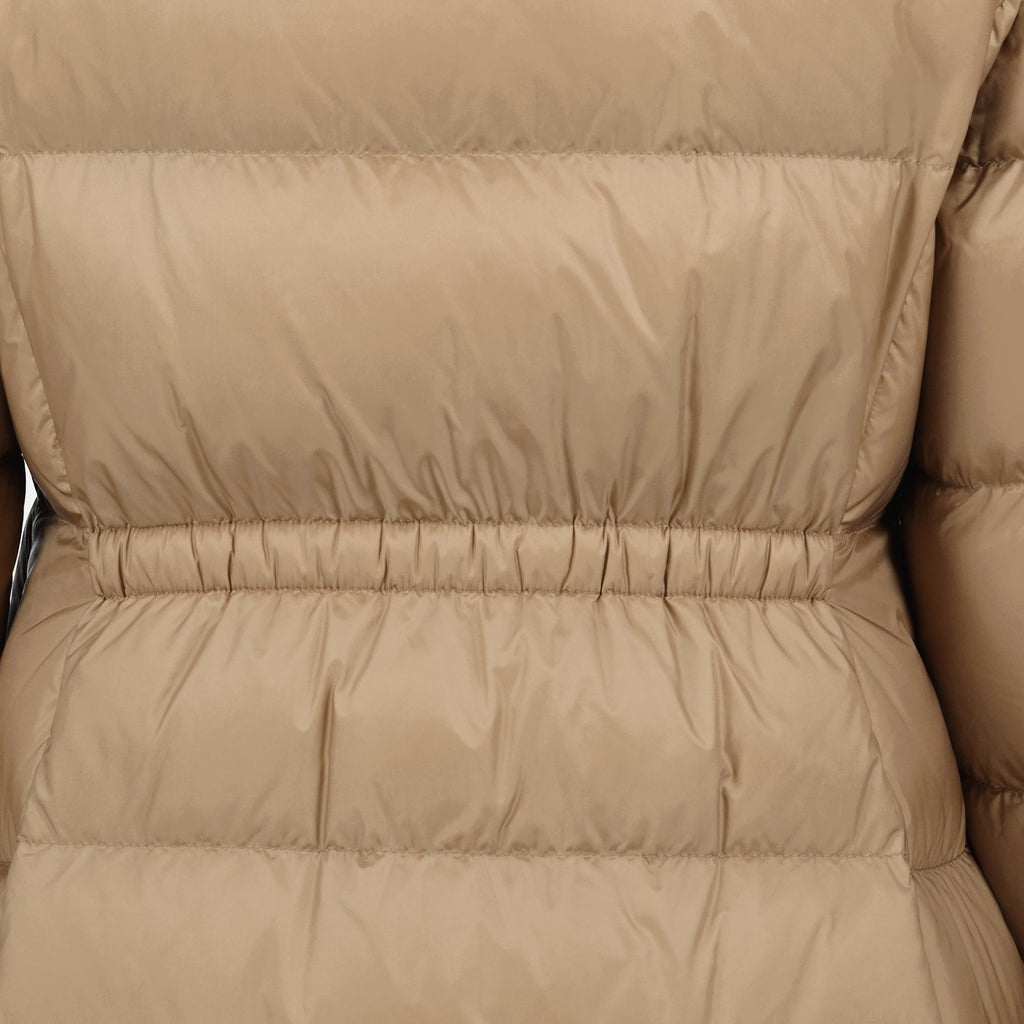 Long Beige Fur-Trim Down Coat