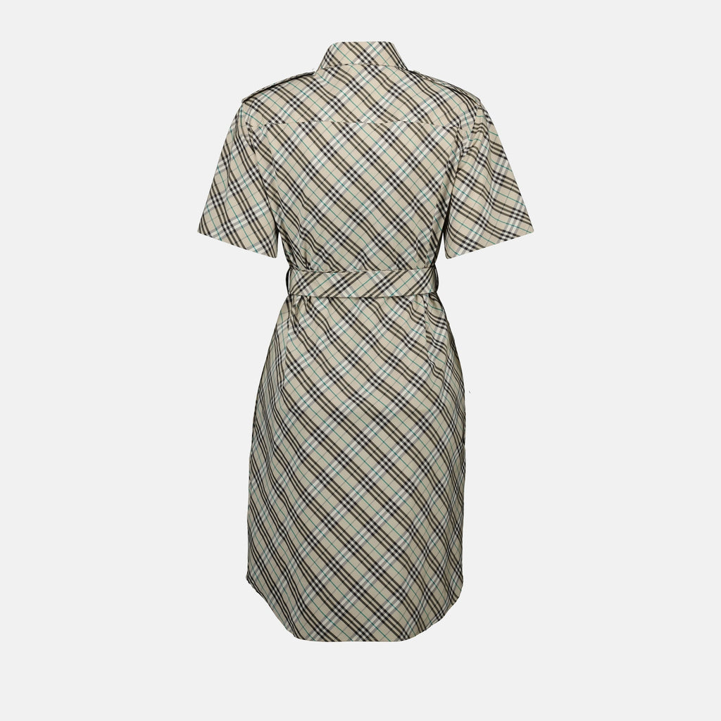 Short Sleeve Check Belted Shirt Dress – Light Beige