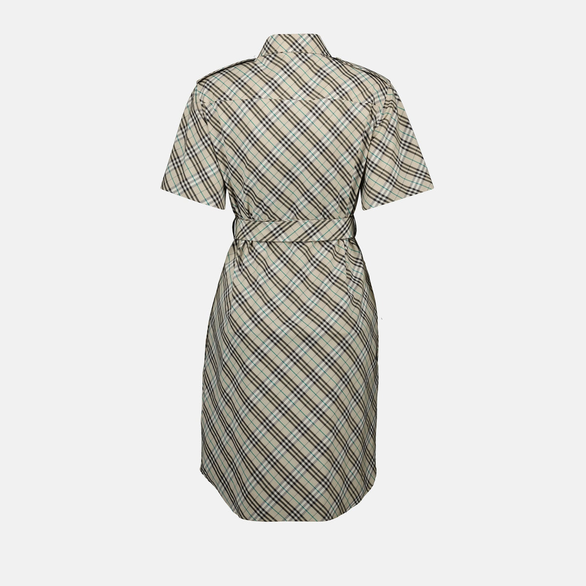 Short Sleeve Check Belted Shirt Dress – Light Beige