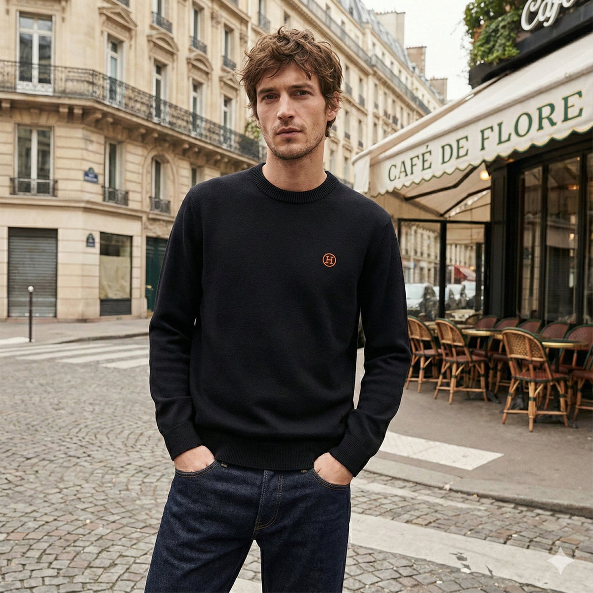 H Rond Embroidered Wool Crewneck Sweater