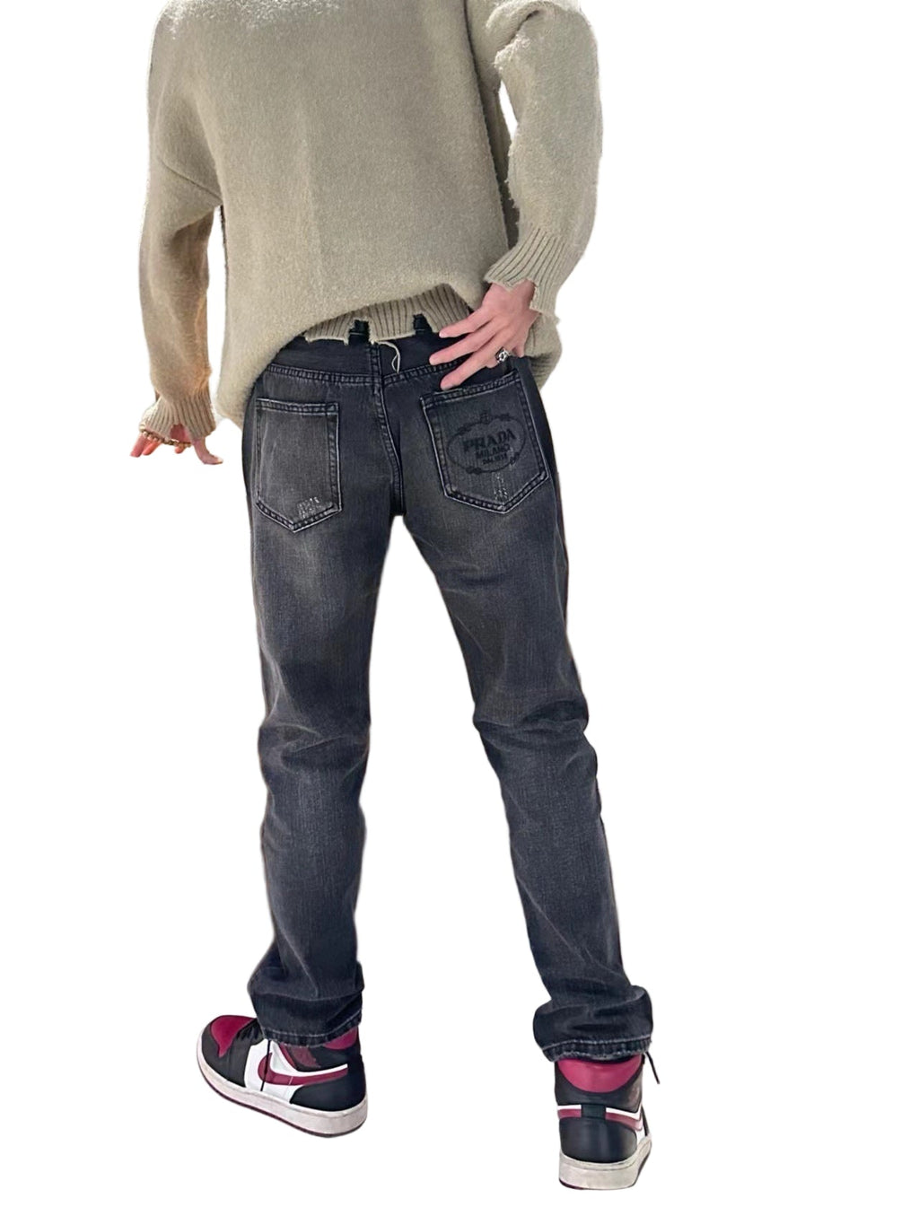 Distressed Black Denim Jeans with Embroidered Back Logo