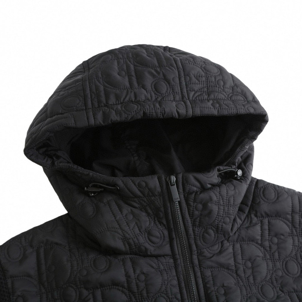 Black Quilted Wool Hooded Zip Jacket