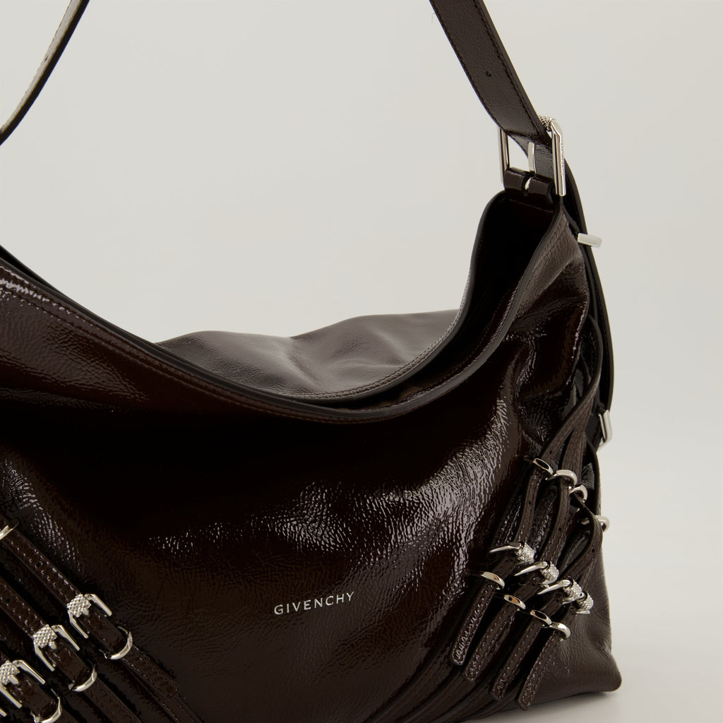 Brown Patent Leather Slouchy Shoulder Bag with Harness Detail
