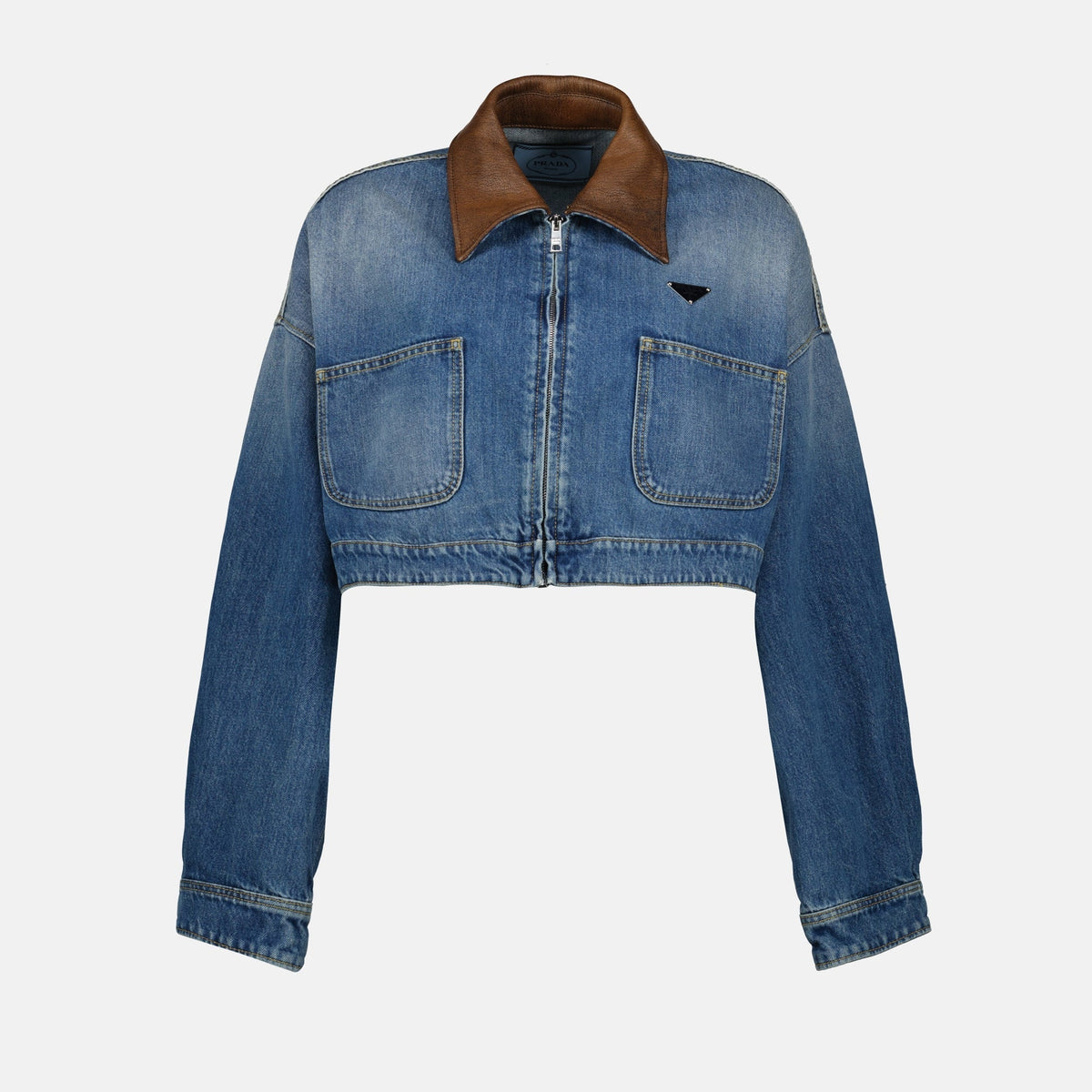 Cropped Denim Jacket with Leather Collar