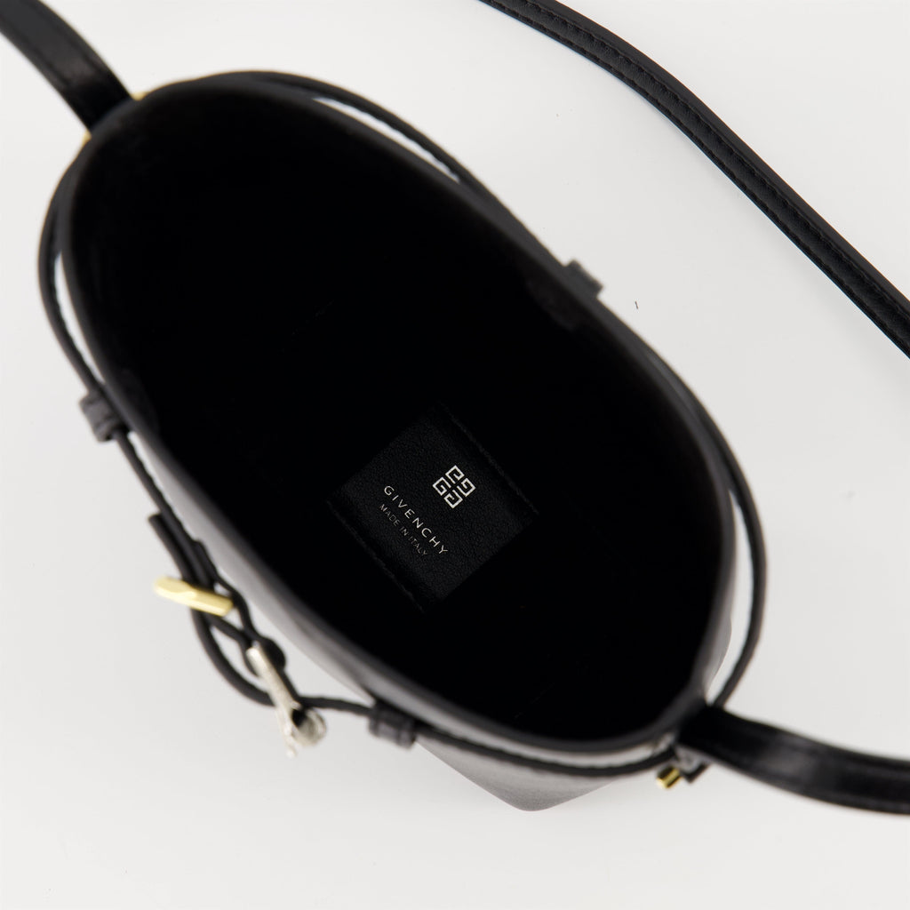 Black Leather Mini Bucket Bag with Belt Detail