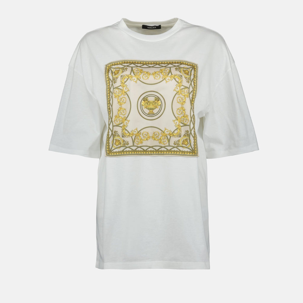 Baroque Print Oversized T-Shirt – White & Gold