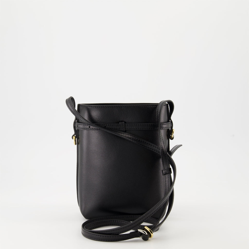 Black Leather Mini Bucket Bag with Belt Detail