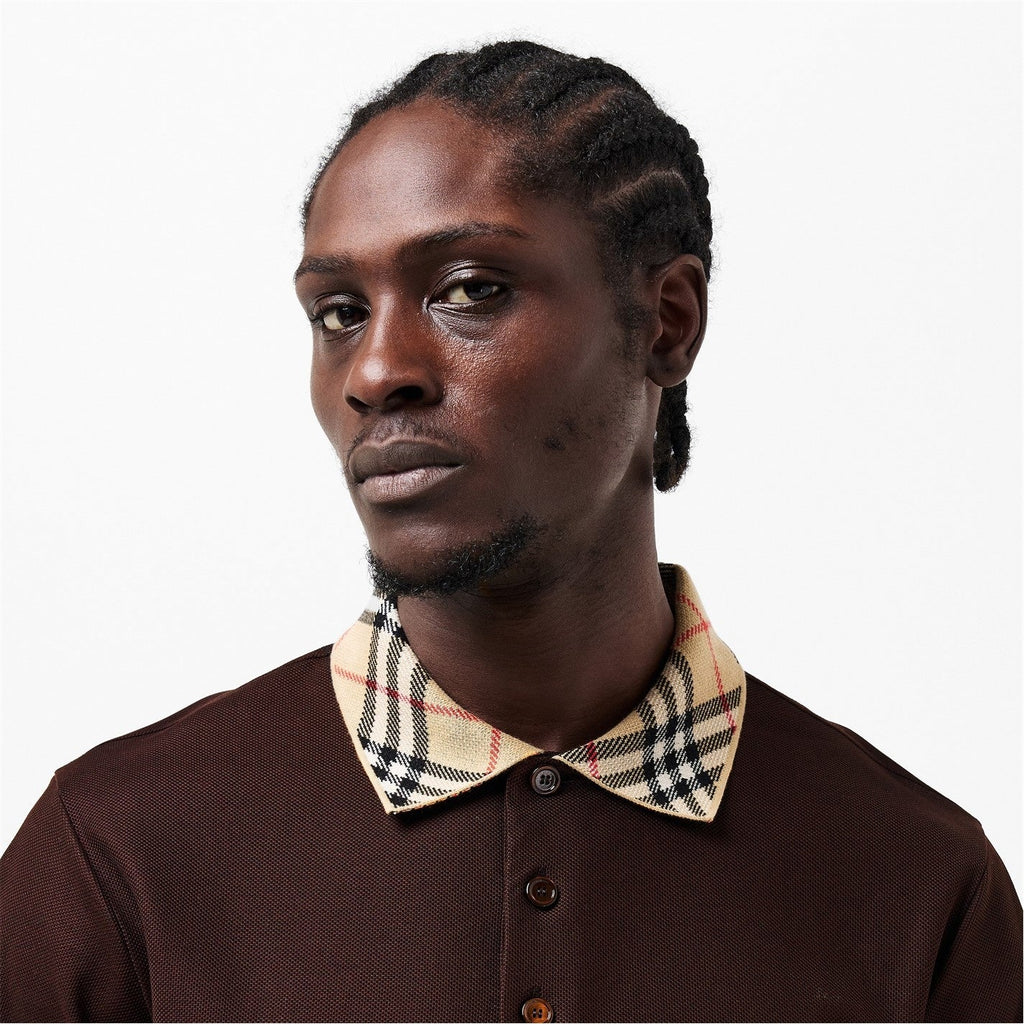 Check Collar Cotton Polo Shirt – Brown