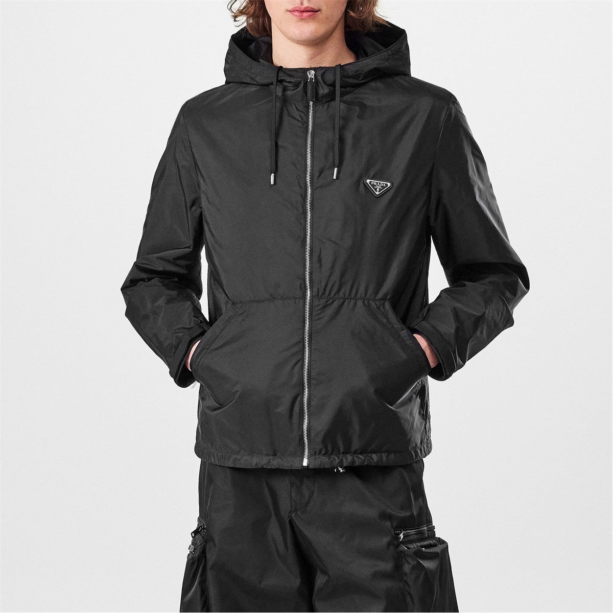 Hooded Nylon Windbreaker Jacket – Black