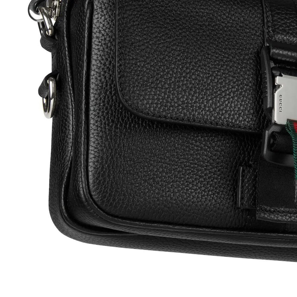 Web Detail Leather Crossbody Bag (Black)