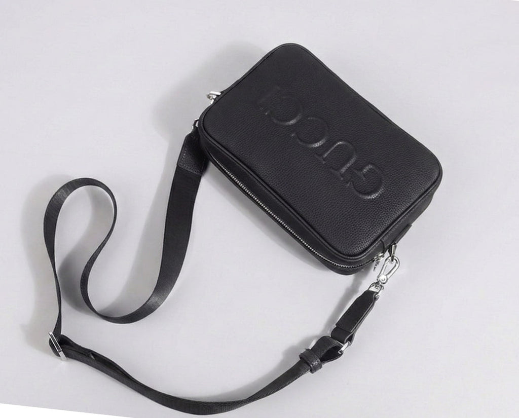 Embossed Logo Leather Crossbody Bag (Black)